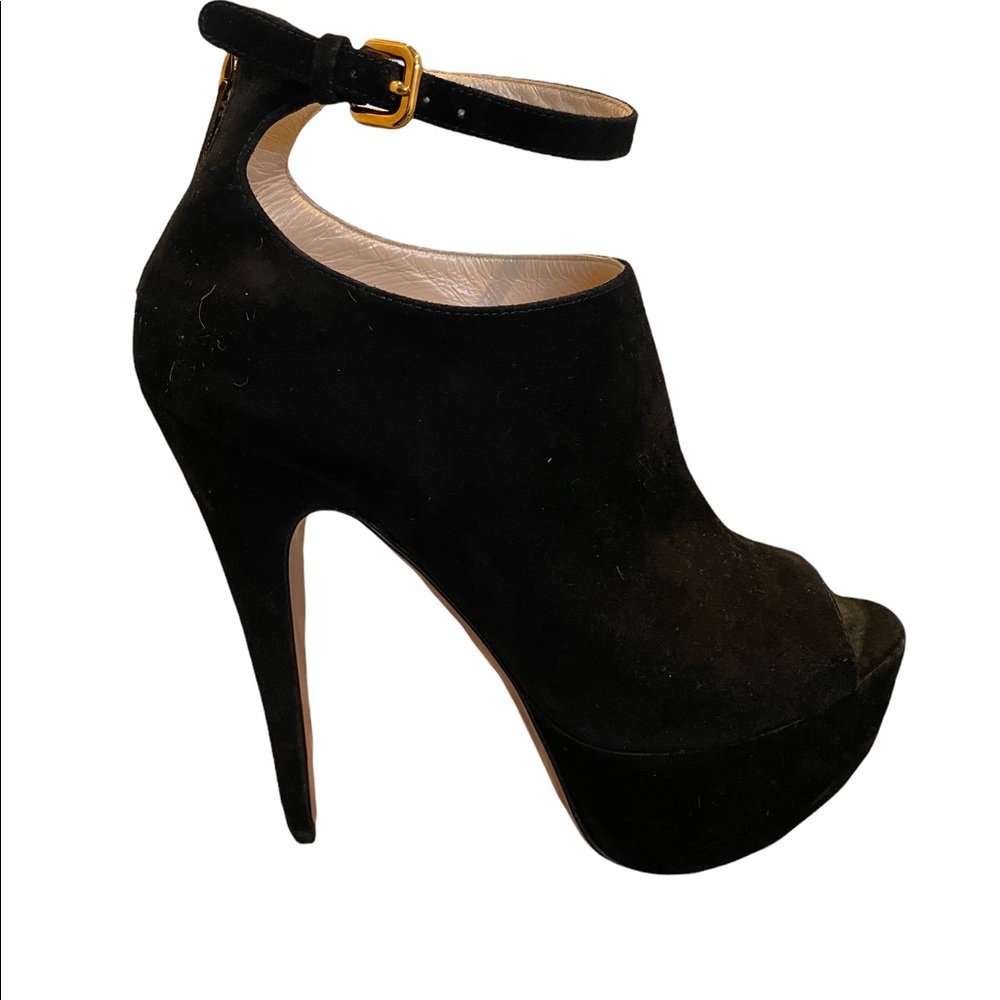 Prada black suede platform peep toe bootie with ankle strap Size 36